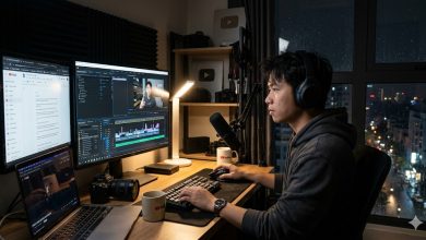 Creator working at a two-monitor editing desk late at night, researching YouTube channels before producing videos