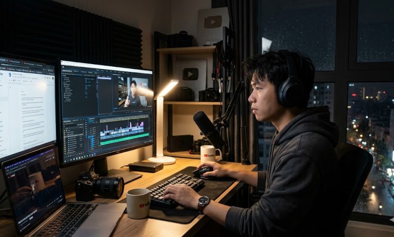 Creator working at a two-monitor editing desk late at night, researching YouTube channels before producing videos
