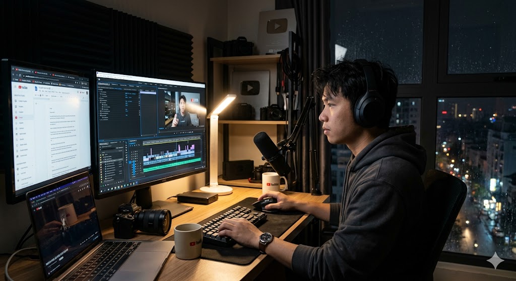 Creator working at a two-monitor editing desk late at night, researching YouTube channels before producing videos