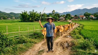A cattle herder walking his herd along a dirt road between green rice fields at golden hour