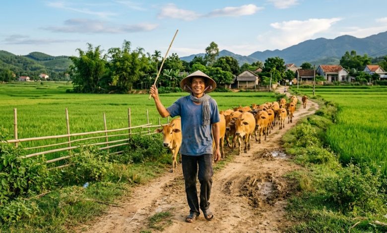 A cattle herder walking his herd along a dirt road between green rice fields at golden hour