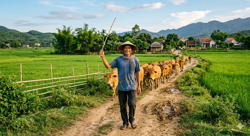 A cattle herder walking his herd along a dirt road between green rice fields at golden hour