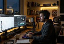 A creator working alone at night in a home studio with YouTube analytics open on a second monitor