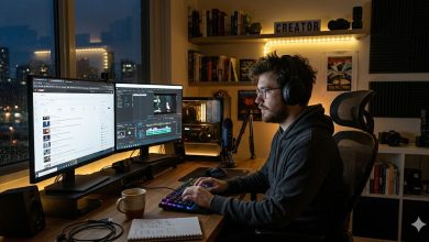 A creator working alone at night in a home studio with YouTube analytics open on a second monitor