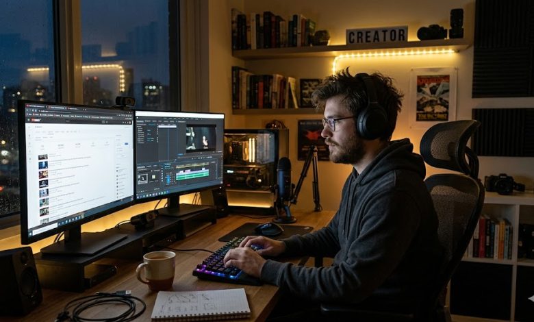 A creator working alone at night in a home studio with YouTube analytics open on a second monitor