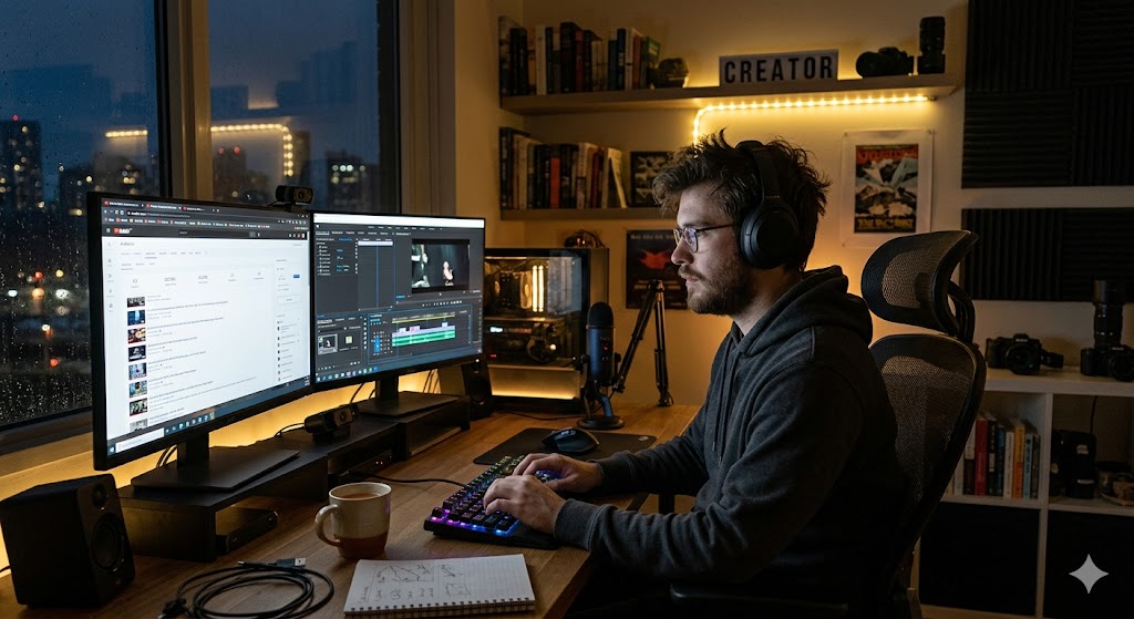 A creator working alone at night in a home studio with YouTube analytics open on a second monitor