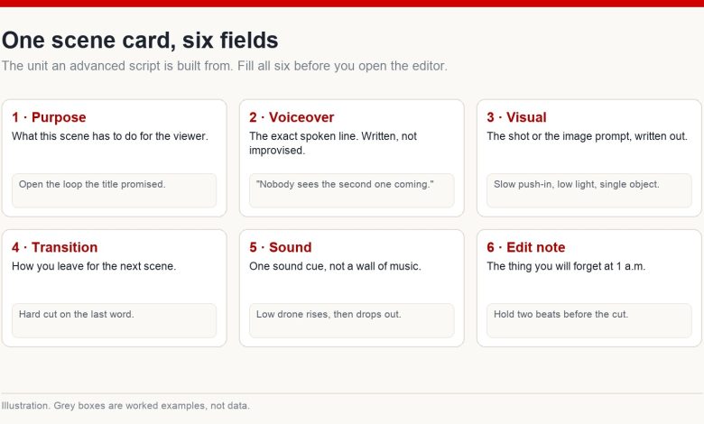 Diagram of a single scene card with six fields: purpose, voiceover, visual, transition, sound and edit note