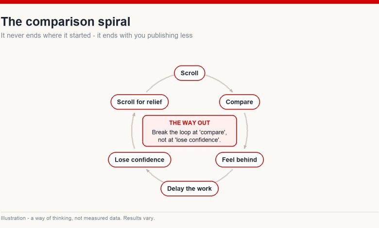 Circular diagram showing the comparison spiral from scrolling to publishing less