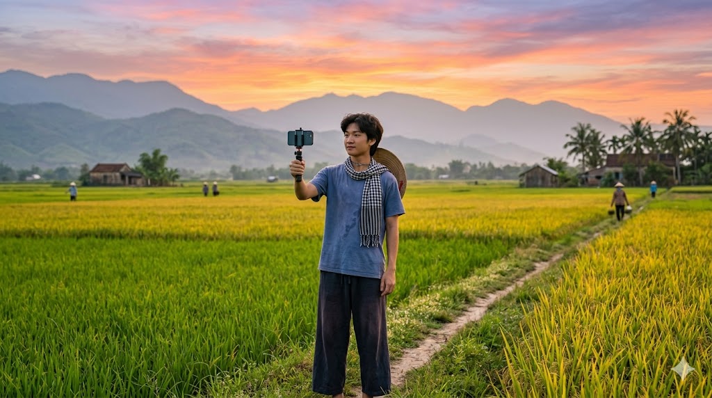 A young creator filming himself on a phone in a rice field at sunset