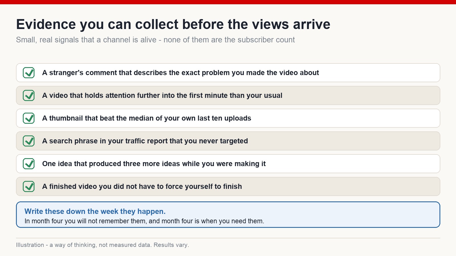 Checklist of six early signals a channel is alive, none of which are subscriber counts