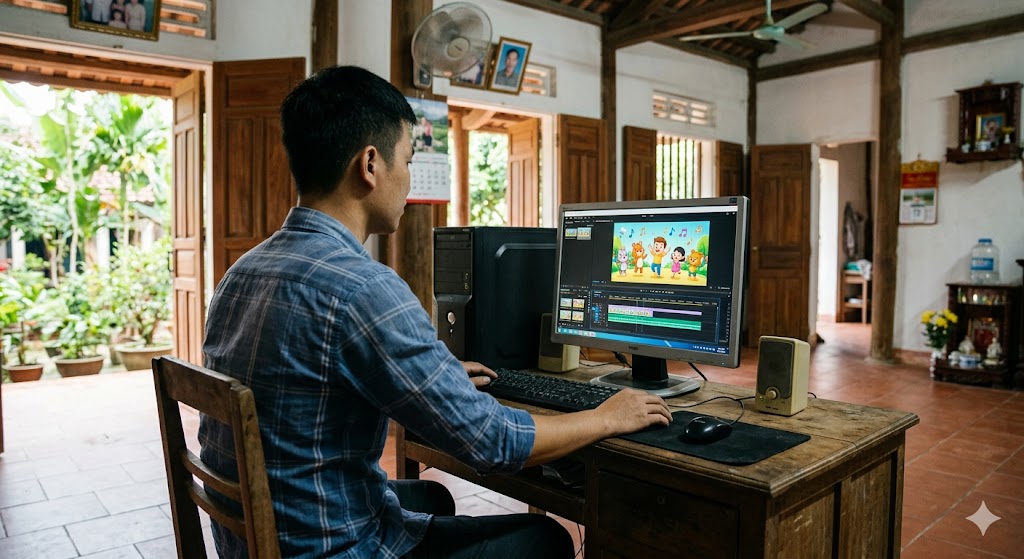 A creator editing an animated music video on a desktop computer in a simple rural home
