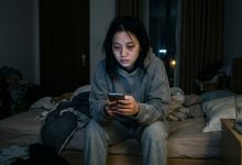 A tired creator sitting on the edge of a bed at night scrolling on a phone