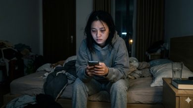 A tired creator sitting on the edge of a bed at night scrolling on a phone