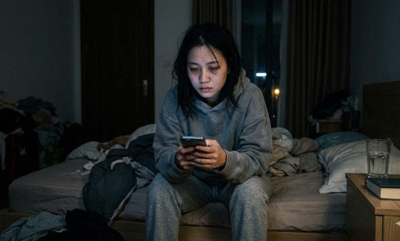 A tired creator sitting on the edge of a bed at night scrolling on a phone
