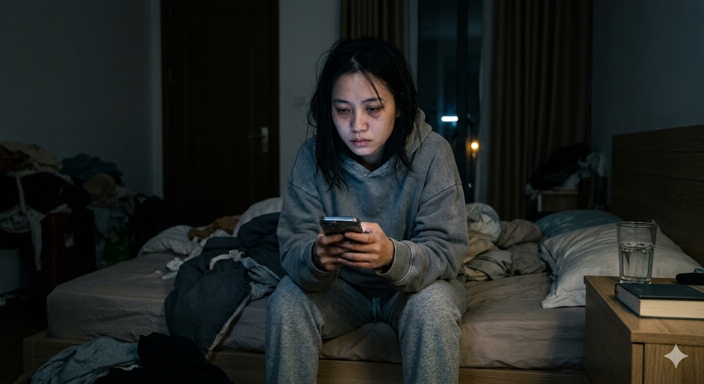 A tired creator sitting on the edge of a bed at night scrolling on a phone
