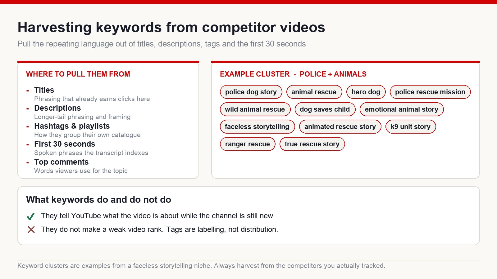 Where to harvest competitor keywords from and an example keyword cluster for a police and animals storytelling niche
