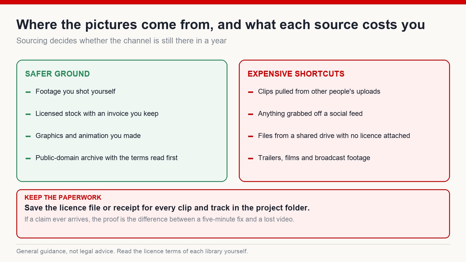 Two-column comparison of safer footage sources against high-risk shortcuts, with a note on keeping licence proof