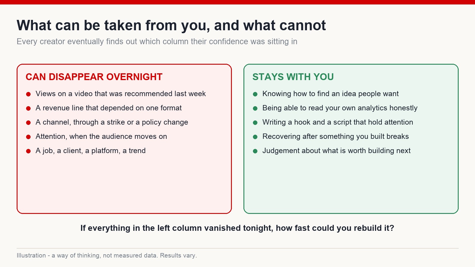 Two-column illustration separating what can disappear overnight from what stays with a creator