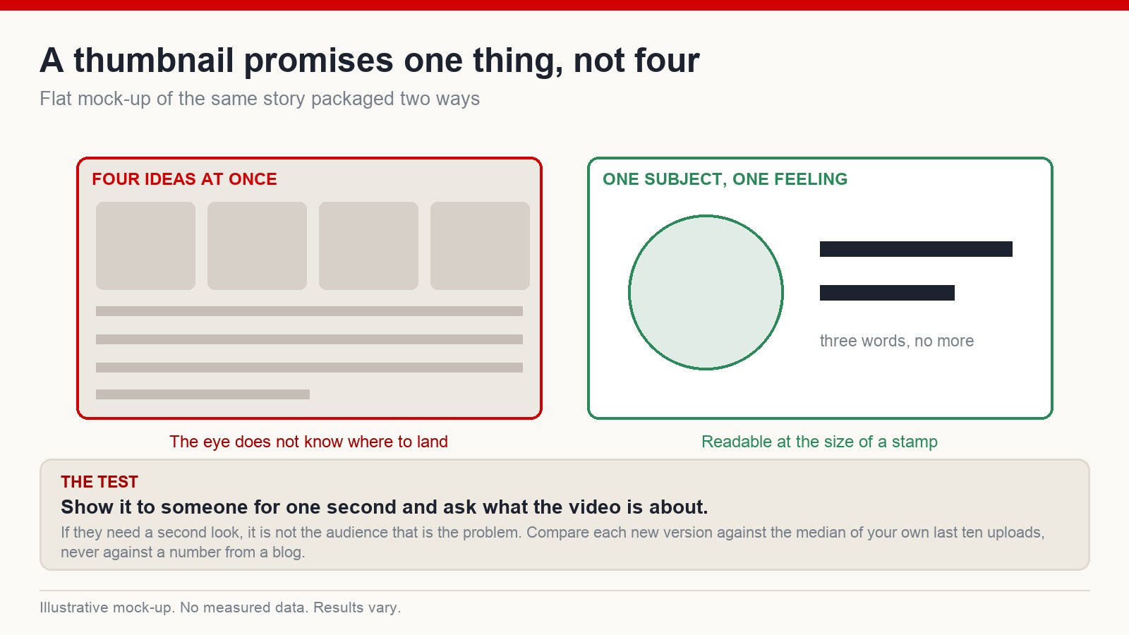 Flat mock-up contrasting a cluttered four-idea thumbnail with a single-subject, single-emotion thumbnail