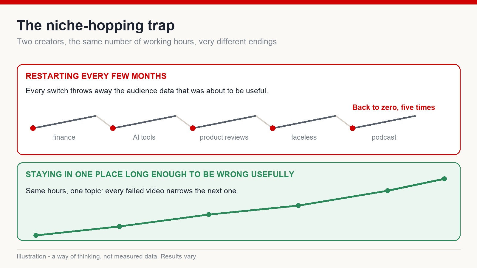 Illustration comparing repeated niche restarts against staying with one topic long enough to learn from it