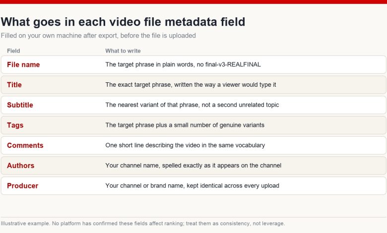 Worked example of what to write in each video file metadata field: file name, title, subtitle, tags, comments, authors and producer