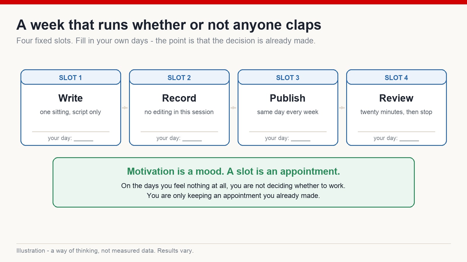 Four fixed weekly slots for a creator: write, record, publish and review