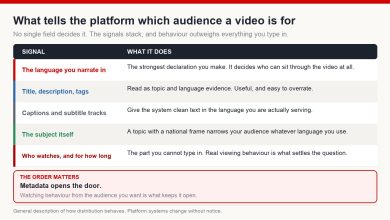 Table of the signals that indicate which audience a video serves: narration language, title and description, captions, subject matter, and actual viewing behaviour