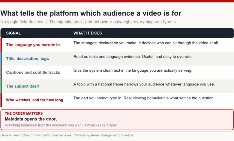 Table of the signals that indicate which audience a video serves: narration language, title and description, captions, subject matter, and actual viewing behaviour