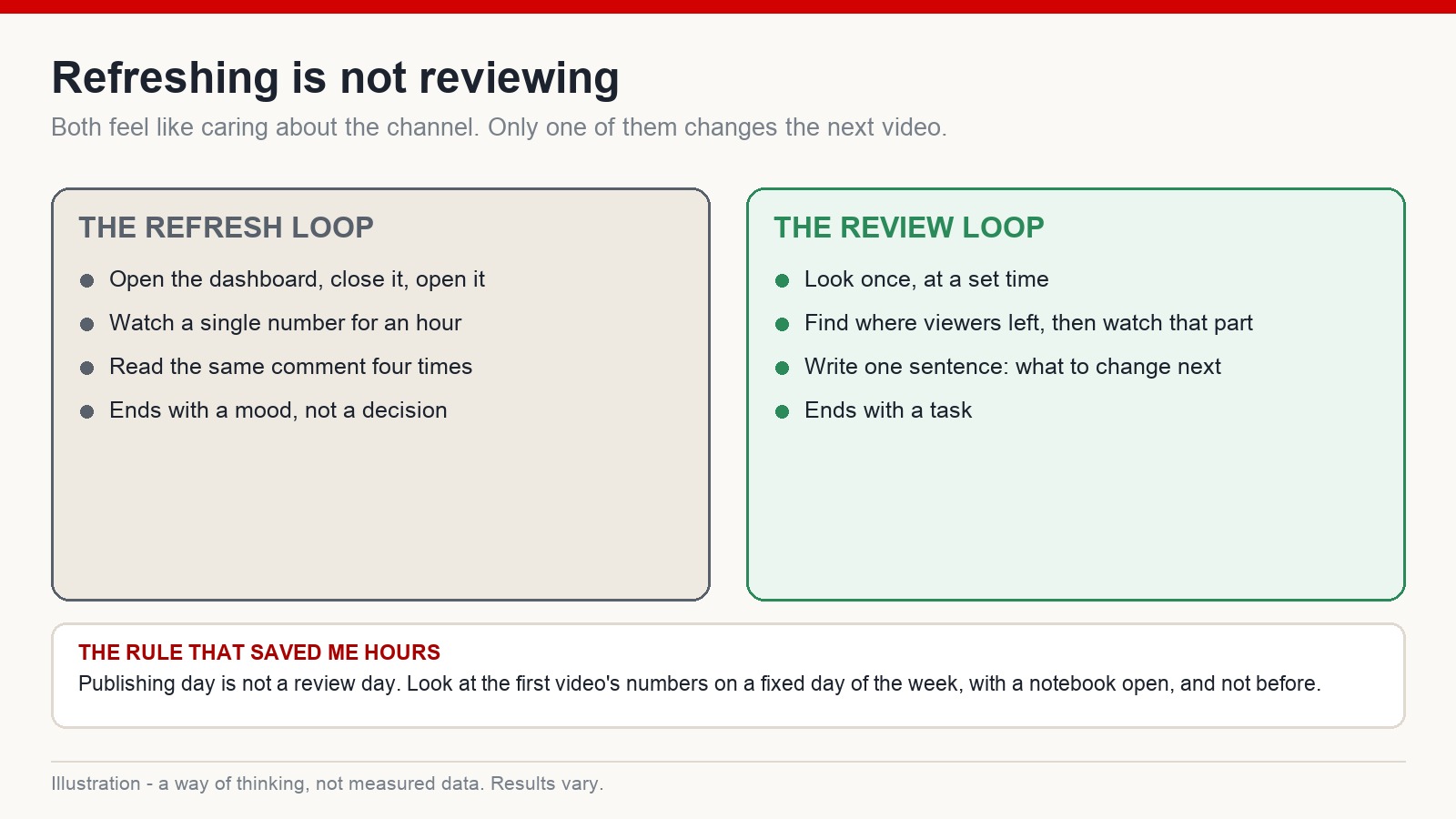 Two-column comparison of a refresh loop that ends in a mood and a review loop that ends in a task