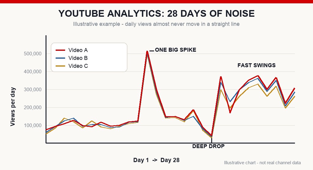 Illustrative line chart of 28 days of daily YouTube views showing one spike, a deep drop and fast swings