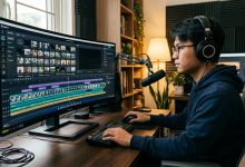Editor working on a faceless YouTube video timeline in a home studio