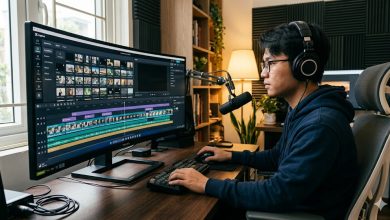 Editor working on a faceless YouTube video timeline in a home studio