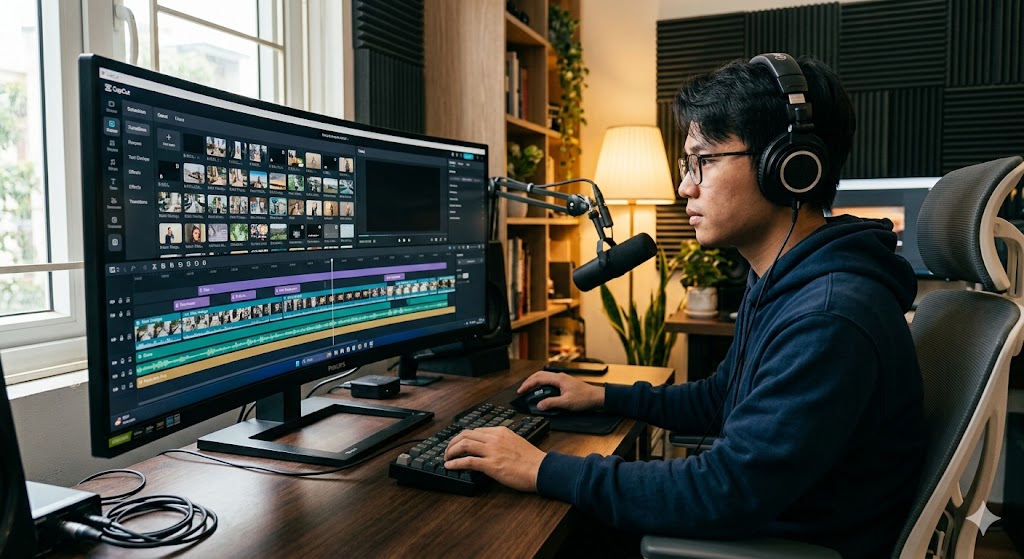 Editor working on a faceless YouTube video timeline in a home studio