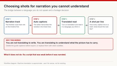 Four-step diagram: narration track, auto captions, translated read-through, one shot brief per caption line