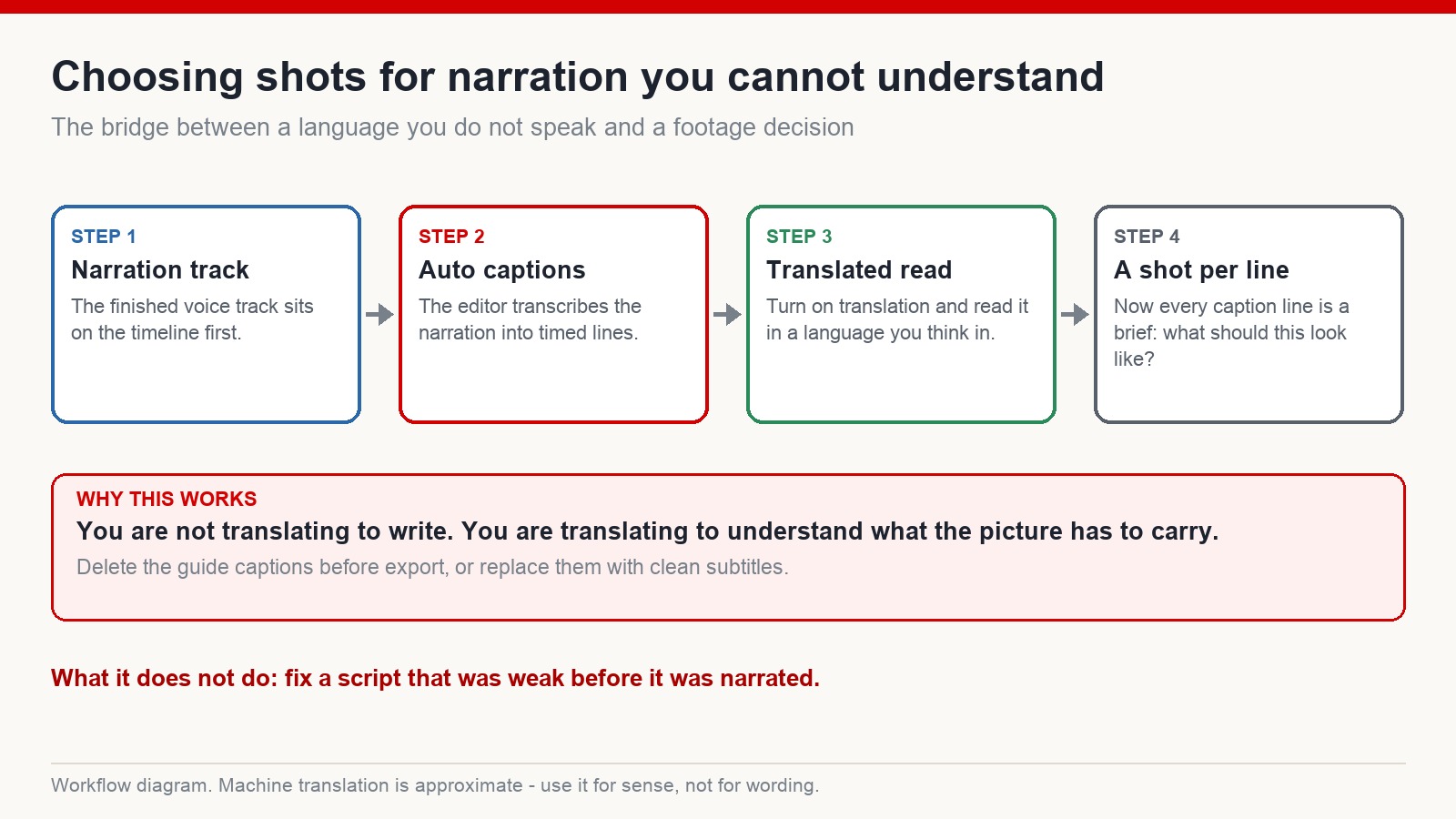 Four-step diagram: narration track, auto captions, translated read-through, one shot brief per caption line