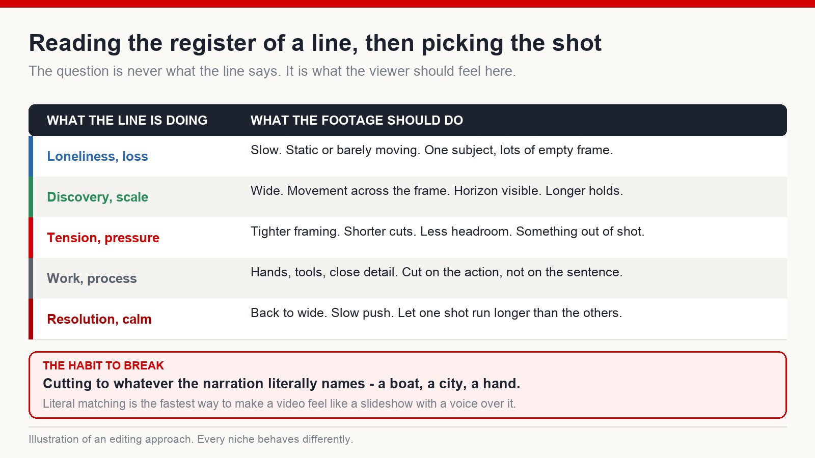 Table mapping narrative register to footage choices: loneliness, discovery, tension, work and resolution