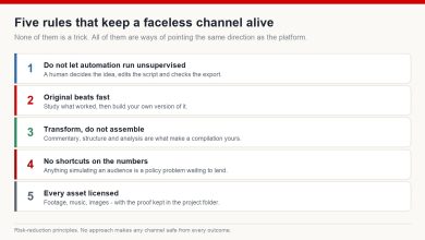 Summary card listing five rules for keeping a faceless channel viable