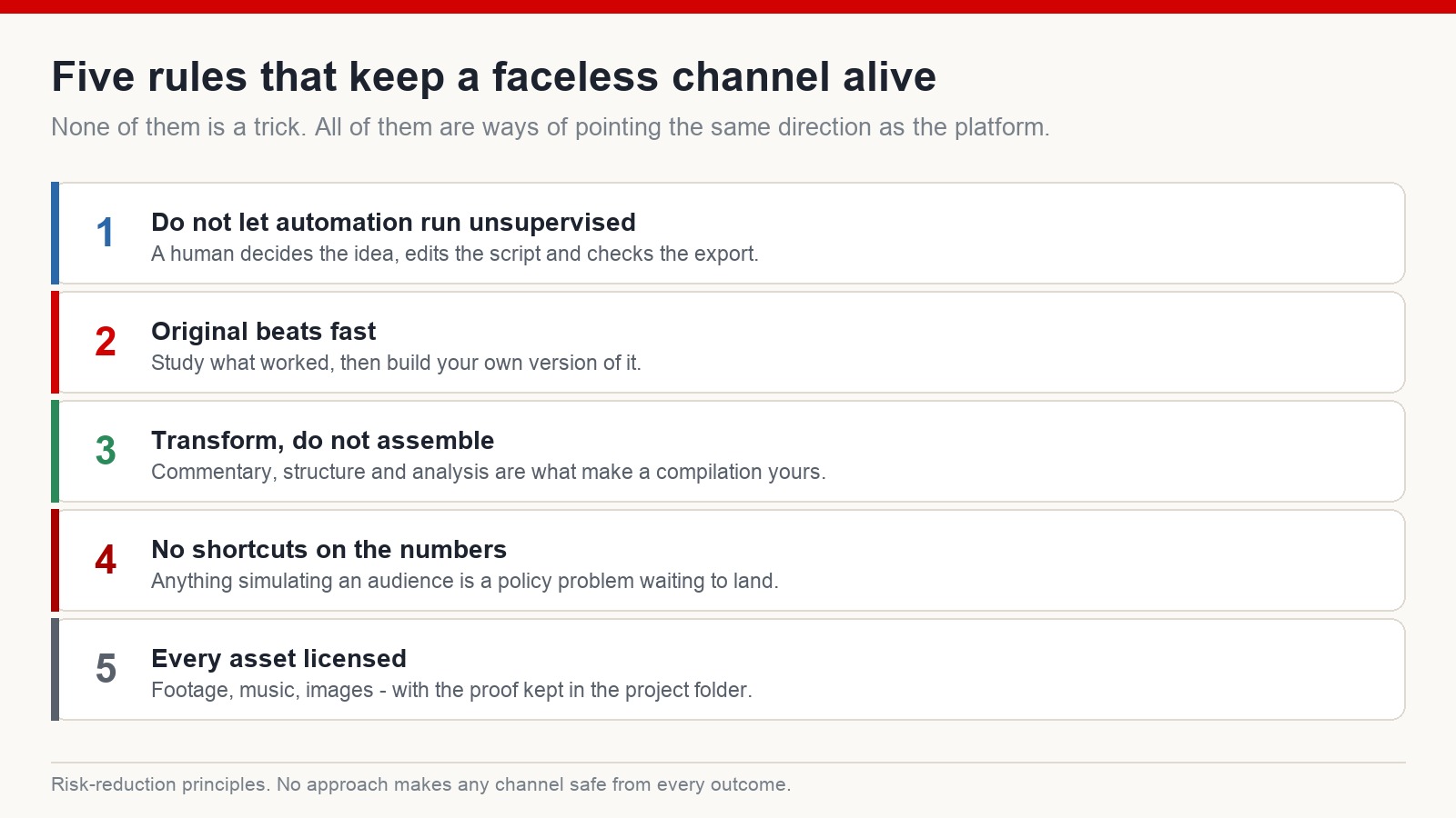 Summary card listing five rules for keeping a faceless channel viable