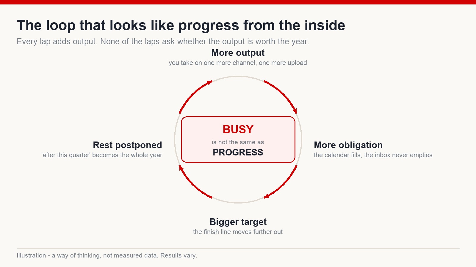 Circular diagram of the creator busy loop: more output leads to more obligation, a bigger target and postponed rest