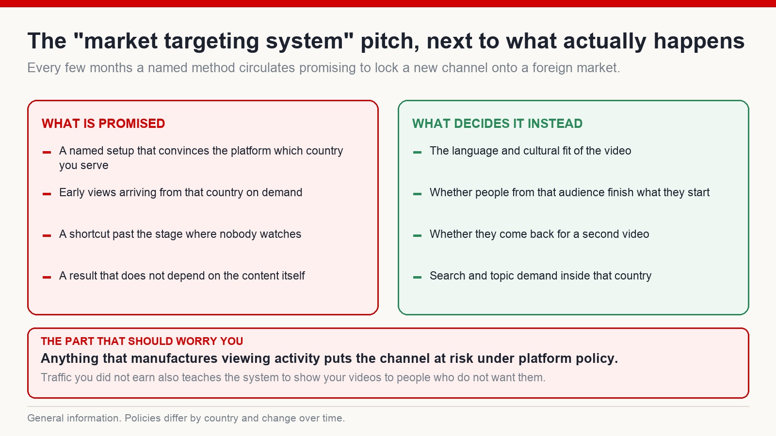 Two-column comparison of what a named market-targeting system promises versus what actually decides which audience a channel reaches