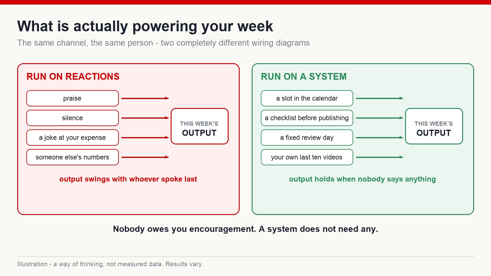 Two wiring diagrams comparing a creator's week powered by other people's reactions against one powered by a system
