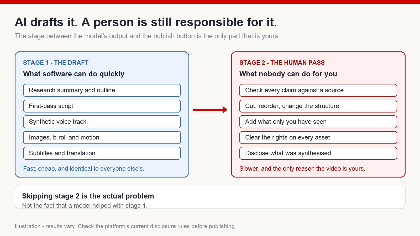 Two-stage workflow diagram showing an AI-assisted draft followed by a human editorial pass covering fact-checking, structure, original perspective and disclosure