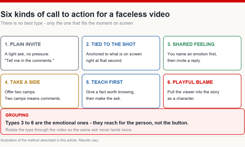 Diagram of six call to action types for faceless YouTube videos: plain invite, tied to the shot, shared feeling, take a side, teach first and playful blame