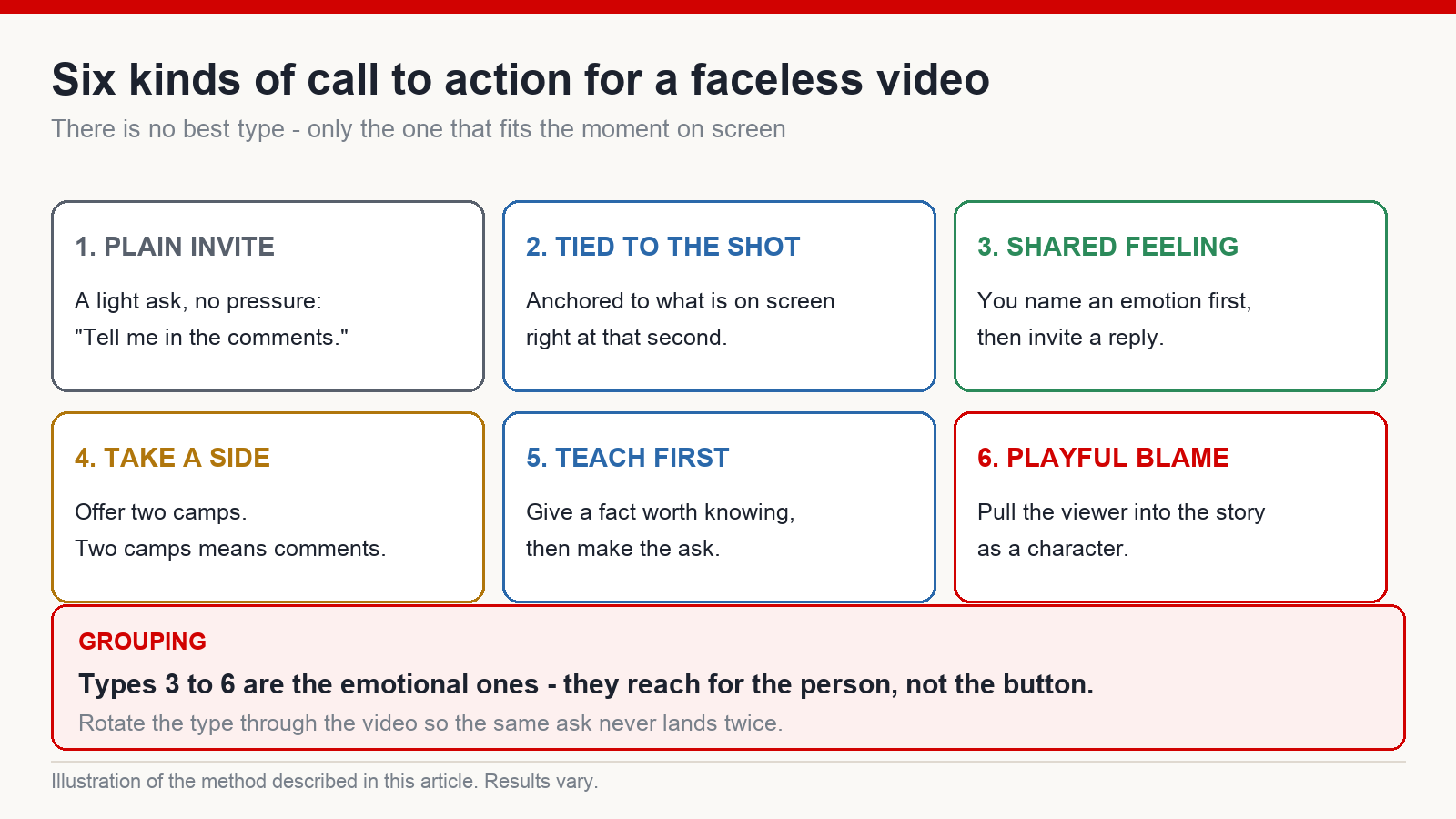Diagram of six call to action types for faceless YouTube videos: plain invite, tied to the shot, shared feeling, take a side, teach first and playful blame