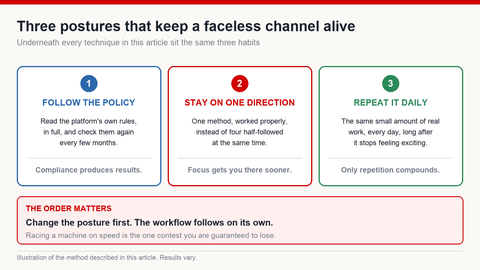 Diagram of three habits that keep a faceless channel alive: following platform policy, staying on one direction, and repeating the work daily