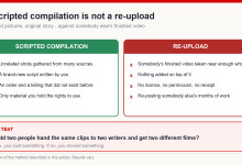 Two-column diagram contrasting a scripted compilation built from licensed footage with a straight re-upload of somebody else's video