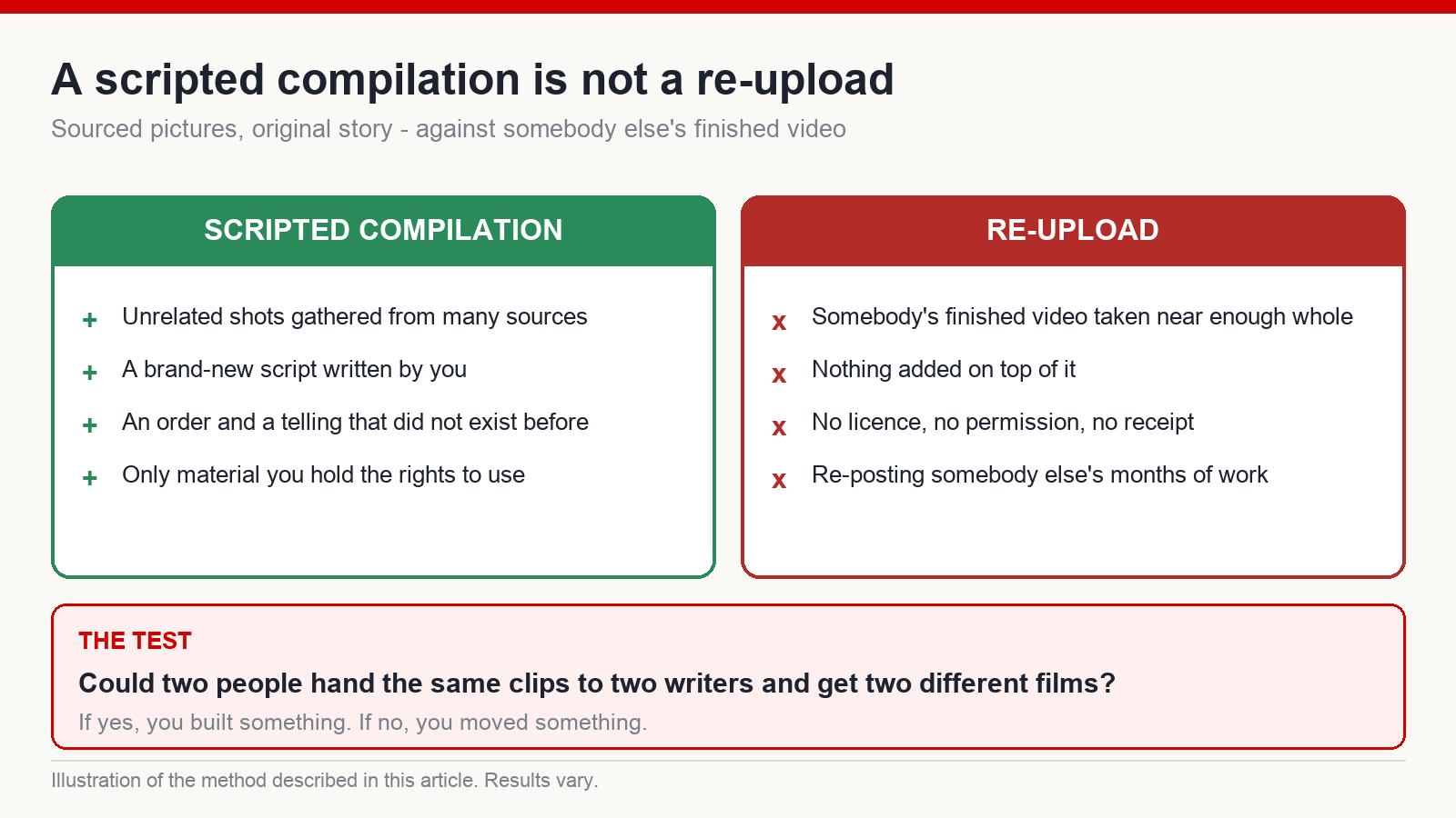 Two-column diagram contrasting a scripted compilation built from licensed footage with a straight re-upload of somebody else's video