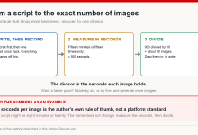 Three-step calculation turning a script into a required number of images: record the voice track, measure its length in seconds, then divide by the seconds each image will hold