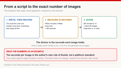 Three-step calculation turning a script into a required number of images: record the voice track, measure its length in seconds, then divide by the seconds each image will hold