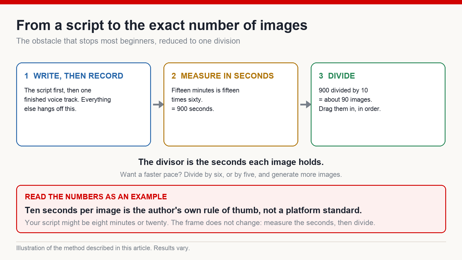 Three-step calculation turning a script into a required number of images: record the voice track, measure its length in seconds, then divide by the seconds each image will hold